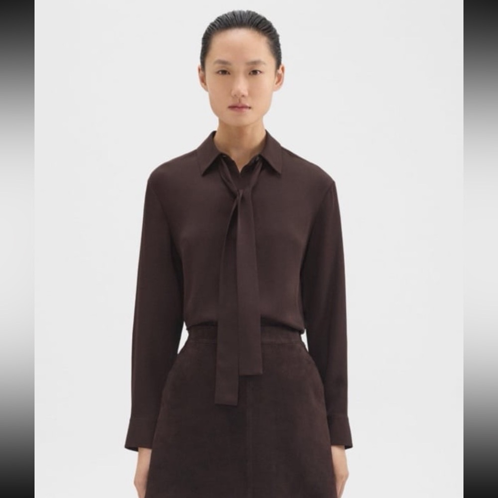 NWT Theory brown tie neck shirt blouse